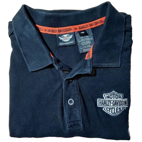 Harley Davidson Polo Shirt Work Black 2X Embroidered Chest Shield Orange Trim - Picture 6 of 11